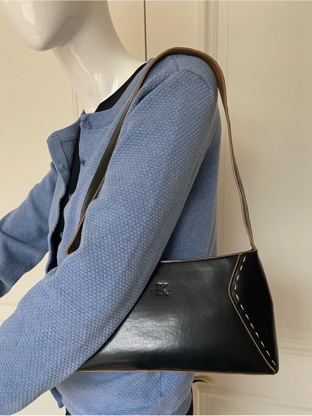K-Emblem Black Leather Shoulder Bag